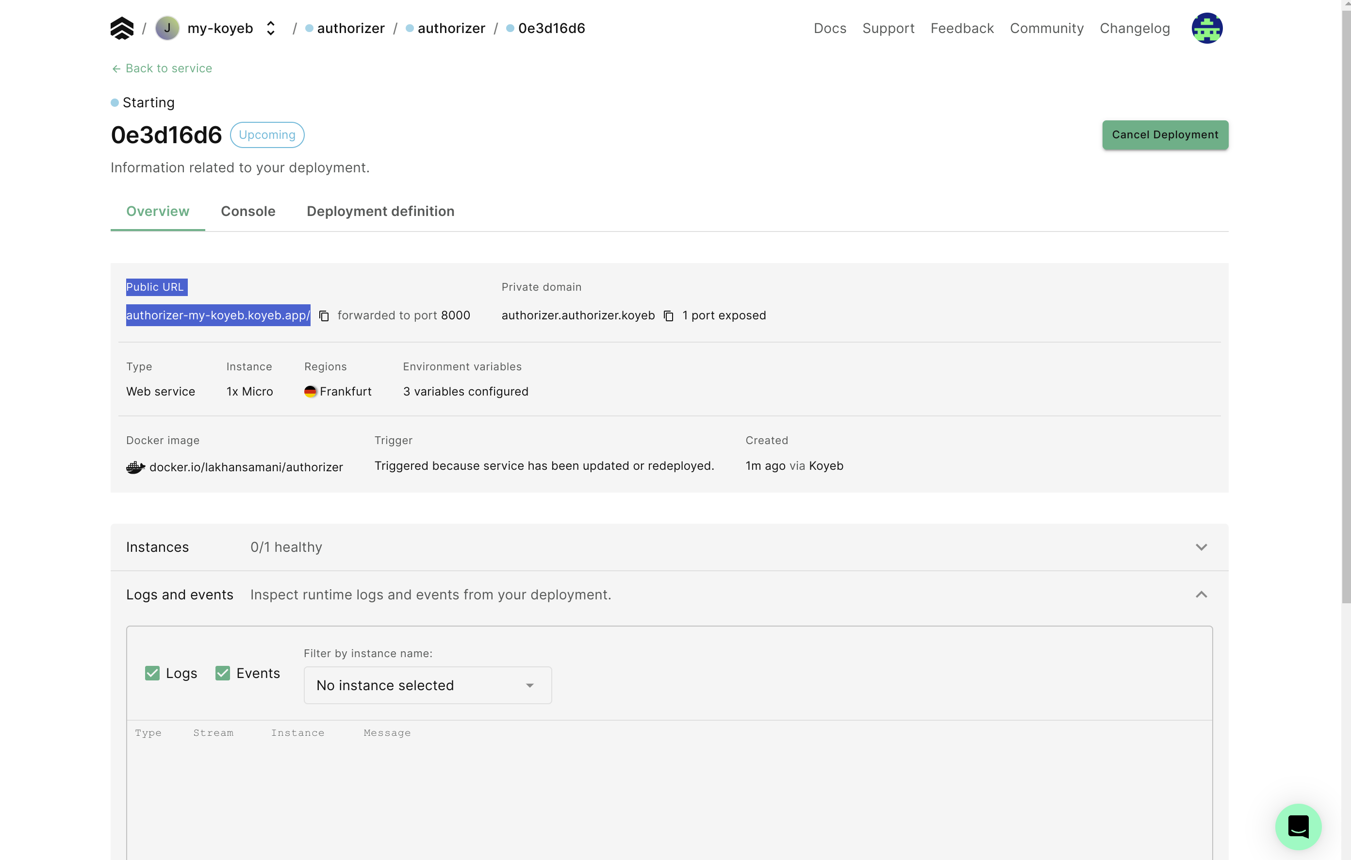 Koyeb authorizer URL